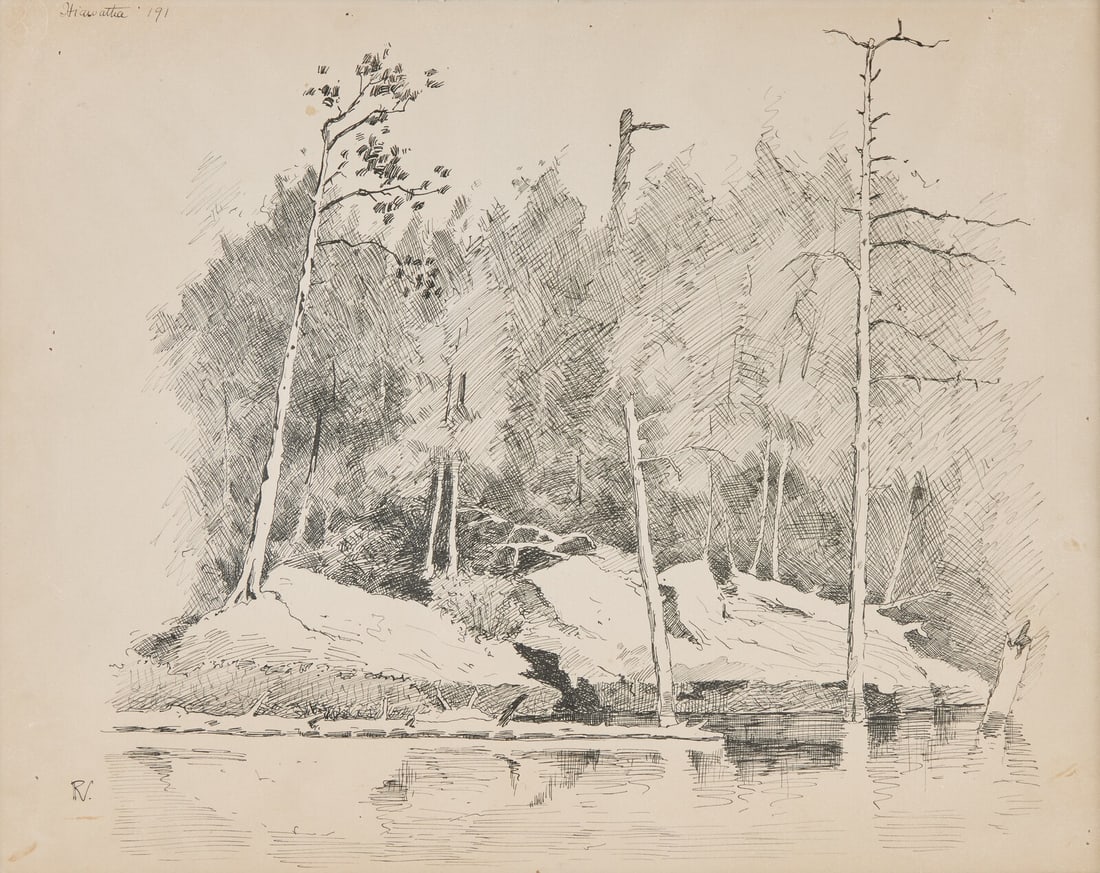 Frederic Remington (American, 1861–1909) Landscape for "The Song of Hiawatha," 1889: Frederic Remington (American, 1861–1909) Landscape for "The Song of Hiawatha," 1889 pen and ink on paper signed with initial R (lower left); titled, numbered, and with clover blind stamp (upper 