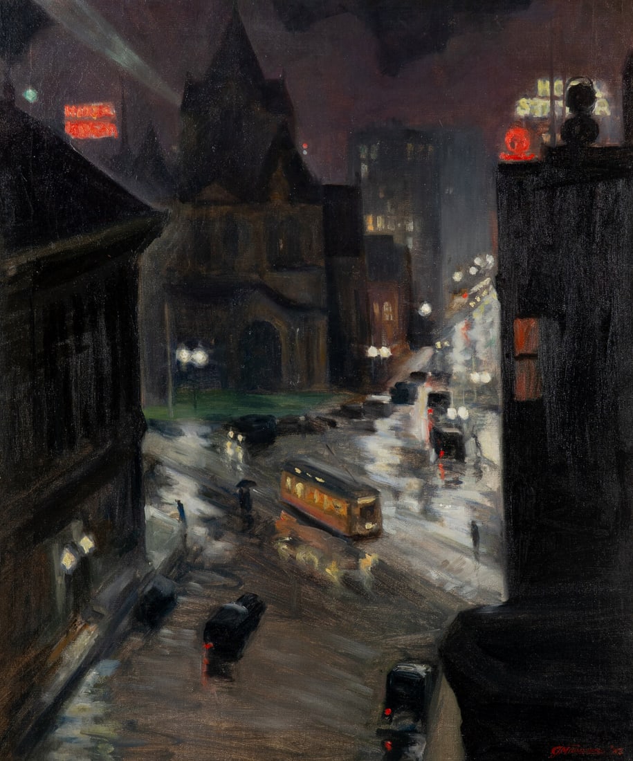 Gertrude M. Tonsberg (American, 1903–1973) Off Copley Square, Boston, 1933: Gertrude M. Tonsberg (American, 1903–1973) Off Copley Square, Boston, 1933 oil on canvas signed GM Tonsberg and dated (lower right) 30 x 25 in. This lot is located in Chicago. Provenance: R. H. 