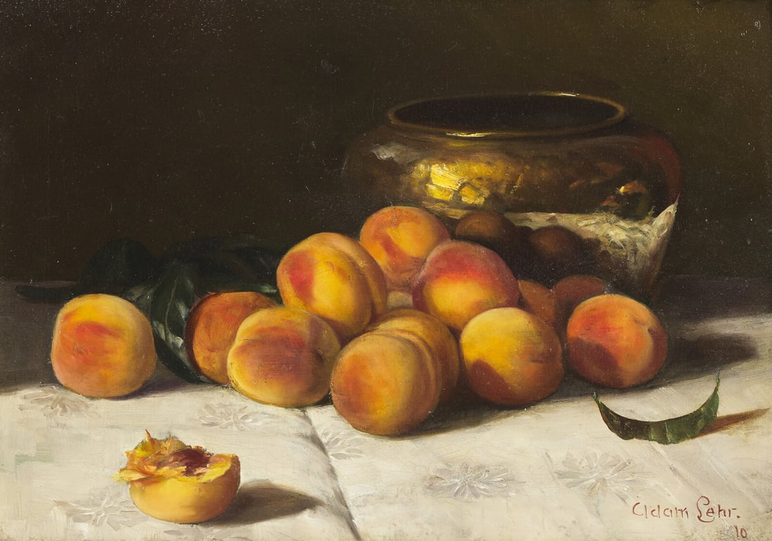 Adam Lehr (American, 1853–1924) The Discarded Peach, 1910: Adam Lehr (American, 1853–1924) The Discarded Peach, 1910 oil on canvas signed Adam Lehr and dated (lower right) 14 x 20 in. Property from the Estate of Gary Grimes, Pittsburgh, Pennsylvania Thi