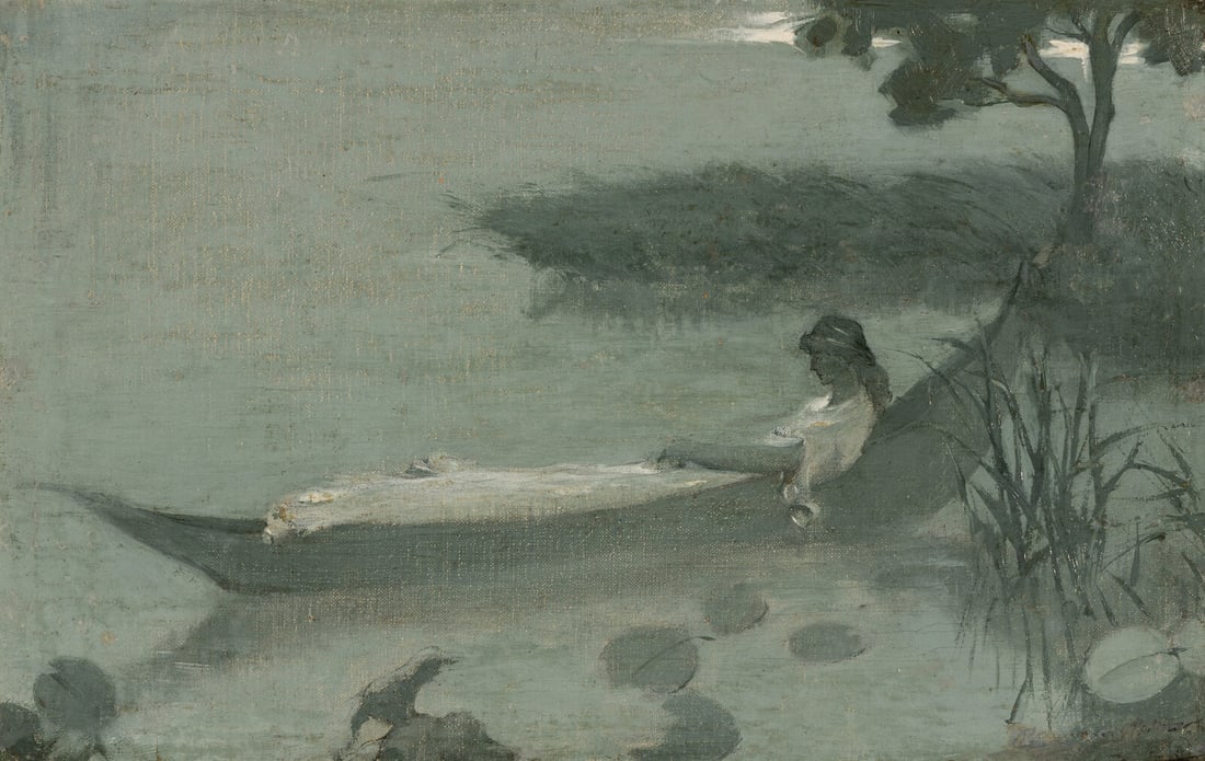 Maurice Stern (American, 1878–1957) The Lady of Shalott, 1899: Maurice Stern (American, 1878–1957) The Lady of Shalott, 1899 oil on canvas laid to board illegibly signed (lower right); titled and inscribed (on board affixed to frame verso) 8 5/8 x 13 3/4 in
