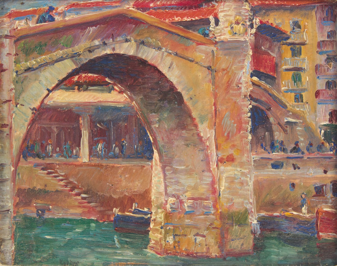 Max Kuehne (American, 1880–1968) Harbor, Ondarroa, Spain: Max Kuehne (American, 1880–1968) Harbor, Ondarroa, Spain oil on board signed Kuehne (lower right); titled (on the reverse) 8 x 6 in. This lot is located in Philadelphia. Provenance: Hirschl &