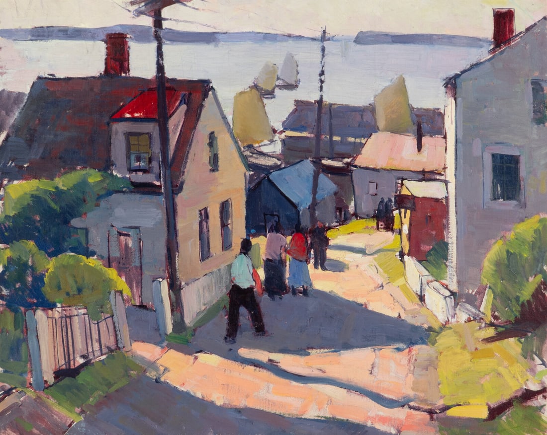 Carl William Peters (American, 1919–2009) Alley Shadows with Strollers: Carl William Peters (American, 1919–2009) Alley Shadows with Strollers oil on canvas bears estate stamp (on the reverse) 24 x 30 in. This lot is located in Chicago. Provenance: R. H. Love Galler