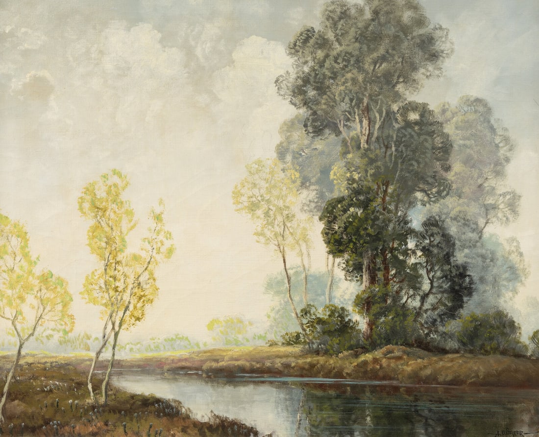 A. D. Greer (American, 1904–1998) Marshland Morning: A. D. Greer (American, 1904–1998) Marshland Morning oil on canvas signed A. D. Greer (lower right) 25 x 30 in. This lot is located in Chicago.