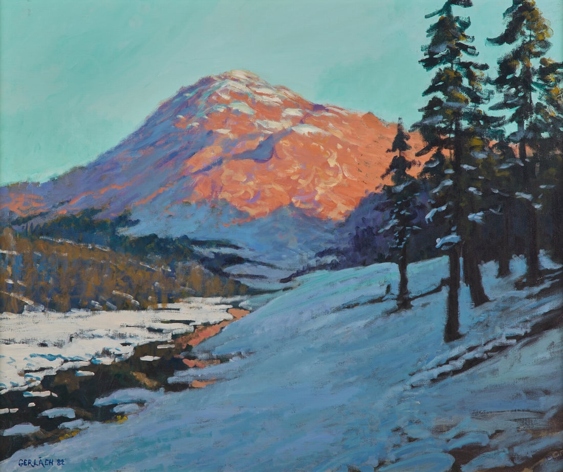 Christopher S. Gerlach (American, b. 1952) Sierra Winter (The Red Lady), 1982: Christopher S. Gerlach (American, b. 1952) Sierra Winter (The Red Lady), 1982 acrylic on canvas signed Gerlach and dated (lower left) 30 x 36 in. Sold to benefit the United Way of Southwestern Pennsyl