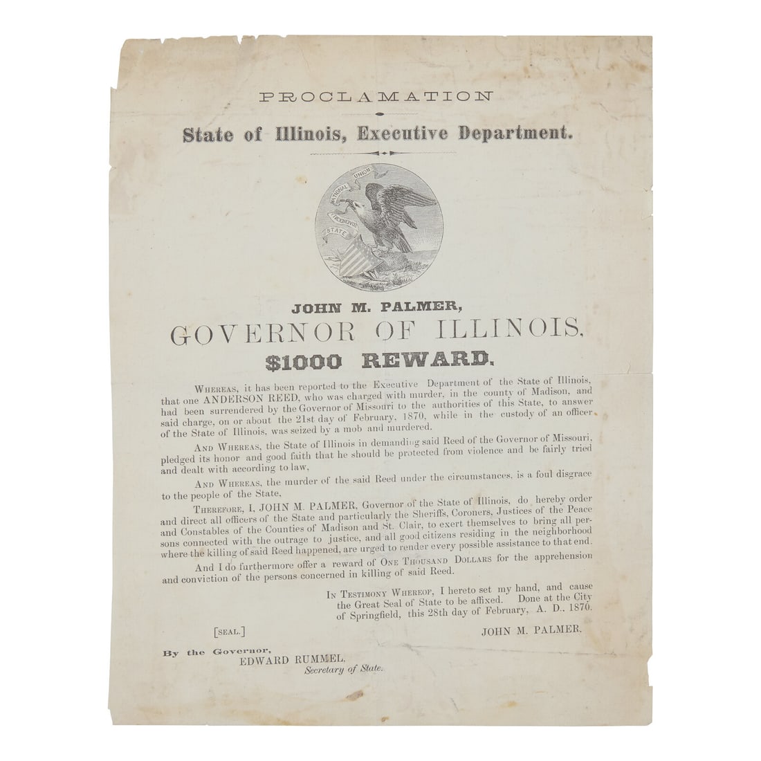 [African-Americana] $1,000 Reward Poster for the Capture of the Perpetrators who Lynched an African: [African-Americana] $1,000 Reward Poster for the Capture of the Perpetrators who Lynched an African American Man Proclamation State of Illinois, Executive Department...$1000 Reward Springfield, Illino