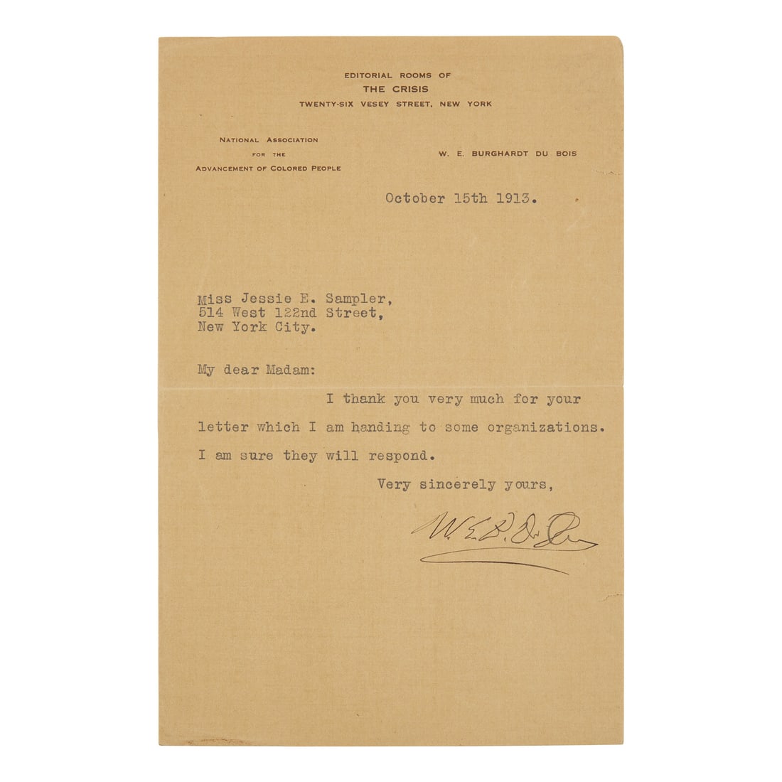 [African-Americana] Du Bois, W.E.B. A Voice of Civil Rights: Typed Letter, Signed by the Co-Founder (1 of 1)