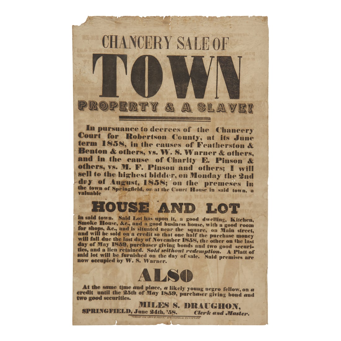 [African-Americana] [Enslavement] "Town Property & a Slave!" for Sale. A Human Life Reduced to a (1 of 1)