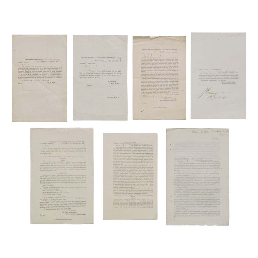 [African-Americana] Group of 7 Civil War-Era General Orders Related to Black Union Soldiers (1 of 1)