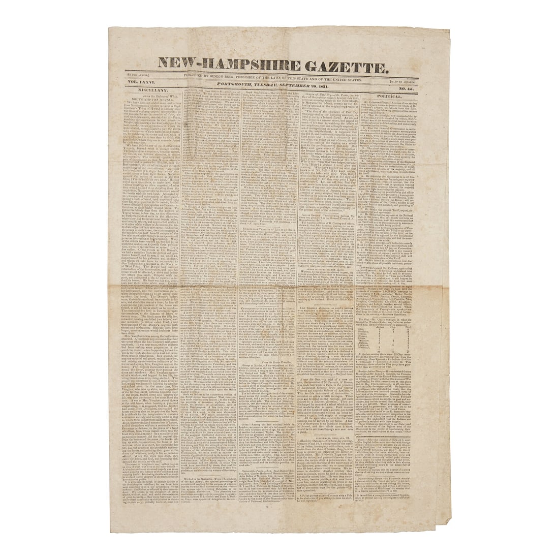 [African-Americana] [Nat Turner Rebellion] New-Hampshire Gazette, with a Highly Detailed Front-Page (1 of 1)