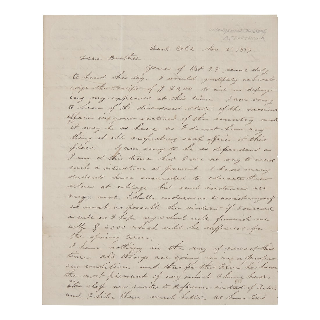 [African-Americana] [Underground Railroad] Autograph Letter, signed, by a Dartmouth Student Who (1 of 3)