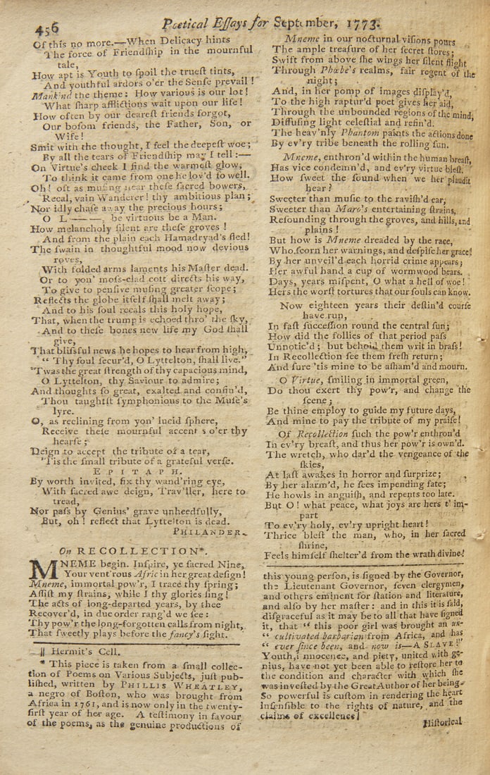 [African-Americana] [Wheatley, Phillis] Urban, Sylvanus. Phillis Wheatley's Fourth Published Poem (1 of 4)