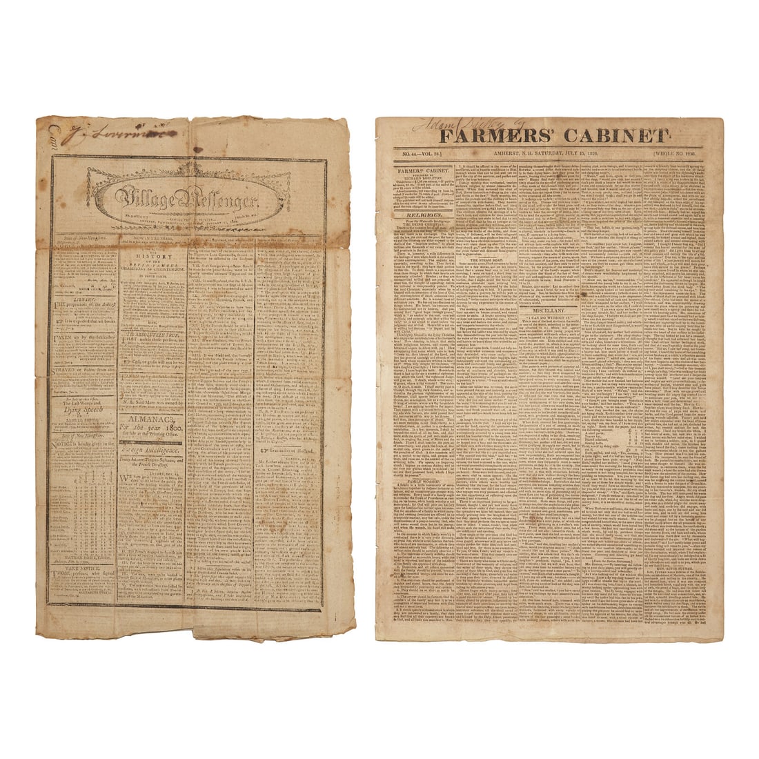[American Newspapers] Group of 2 Newspapers Reporting the Deaths the First Three Presidents of the (1 of 1)