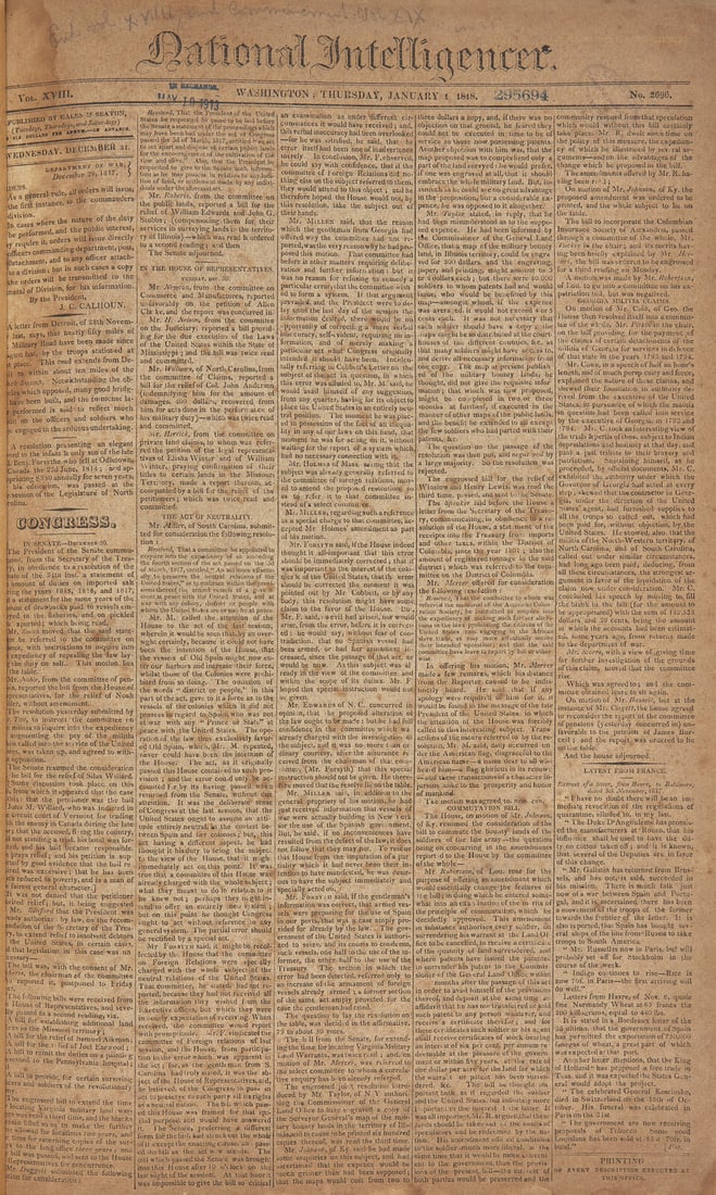 [American Newspapers] Extensive and Consecutive Run of Issues of the National Intelligencer, the (1 of 3)