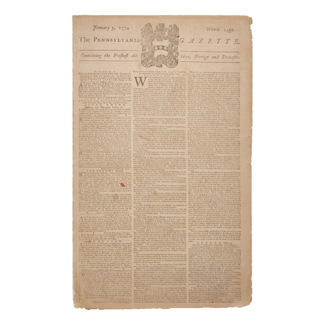 [American Revolution] Early Report of the Boston Tea Party, Printed by The Pennsylvania Gazette, One (1 of 2)