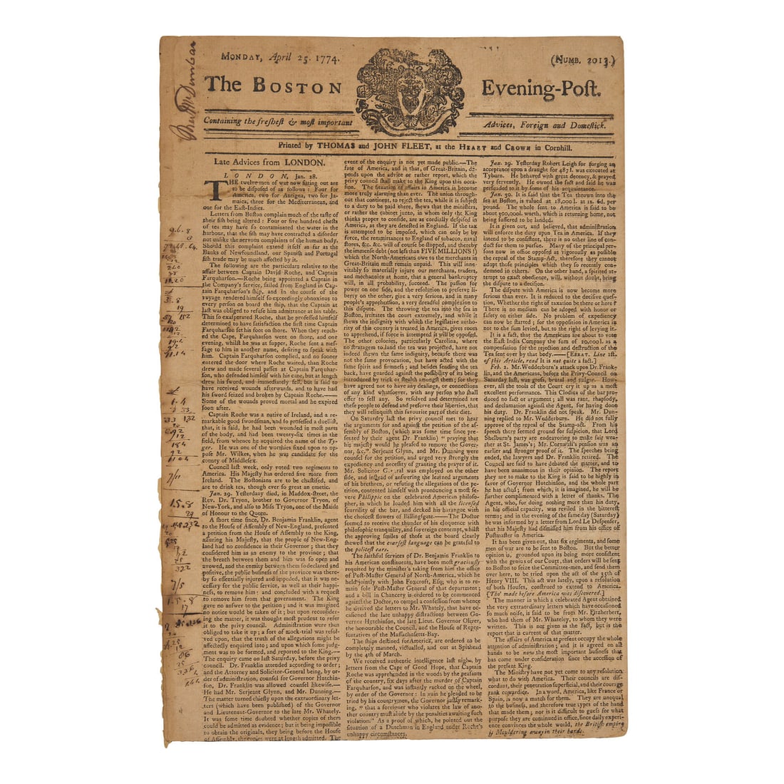 [American Revolution] A Boston Newspaper Reports the Escalating Tensions between America and Great (1 of 1)