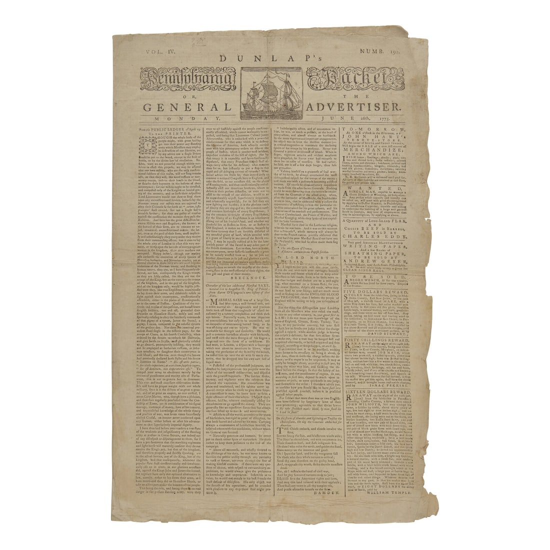 [American Revolution] A Fascinating Revolutionary War Newspaper, Published Only Eight Days (1 of 1)