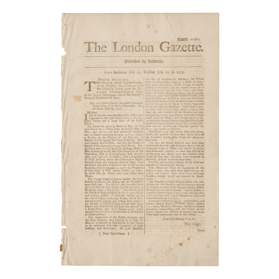 [American Revolution] Very Rare First Report of the Battle of Bunker Hill Printed in England (1 of 1)