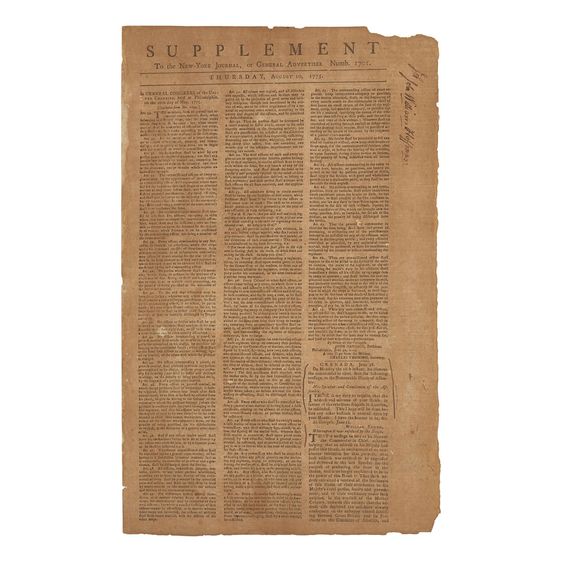 [American Revolution] Broadsheet Newspaper Printing of the First American Articles of War, Signed (1 of 1)