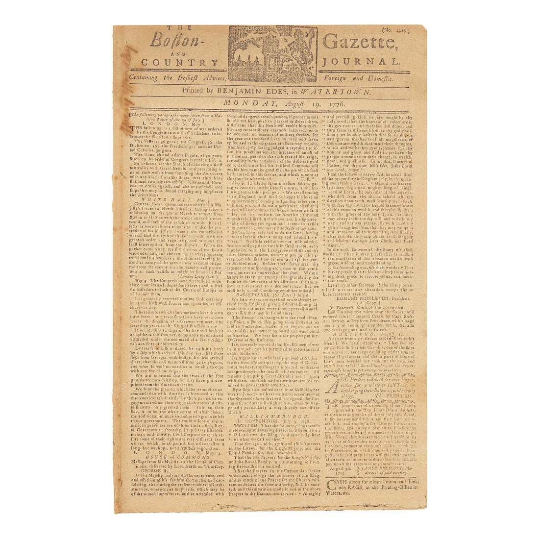 [American Revolution] The Boston-Gazette, and Country Journal, Reporting on the Posting of the (1 of 1)