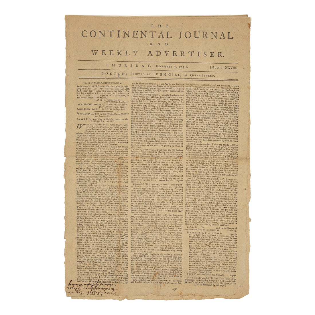 [American Revolution] The Continental Journal and Weekly Advertiser, with a Front Page Printing of (1 of 1)