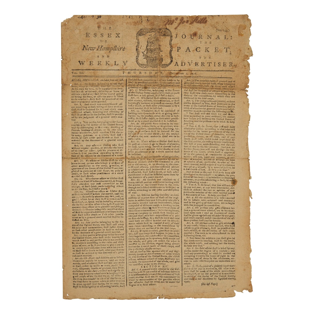 [American Revolution] A Fine Patriot Newspaper with a Paul Revere Masthead, Printing the Final (1 of 2)