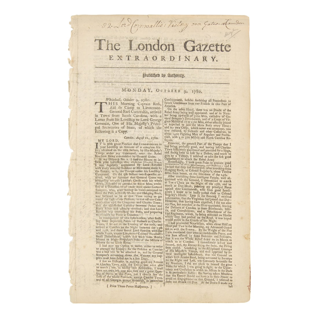 [American Revolution] A Special Issue of the London Gazette, Printing News of British General (1 of 2)