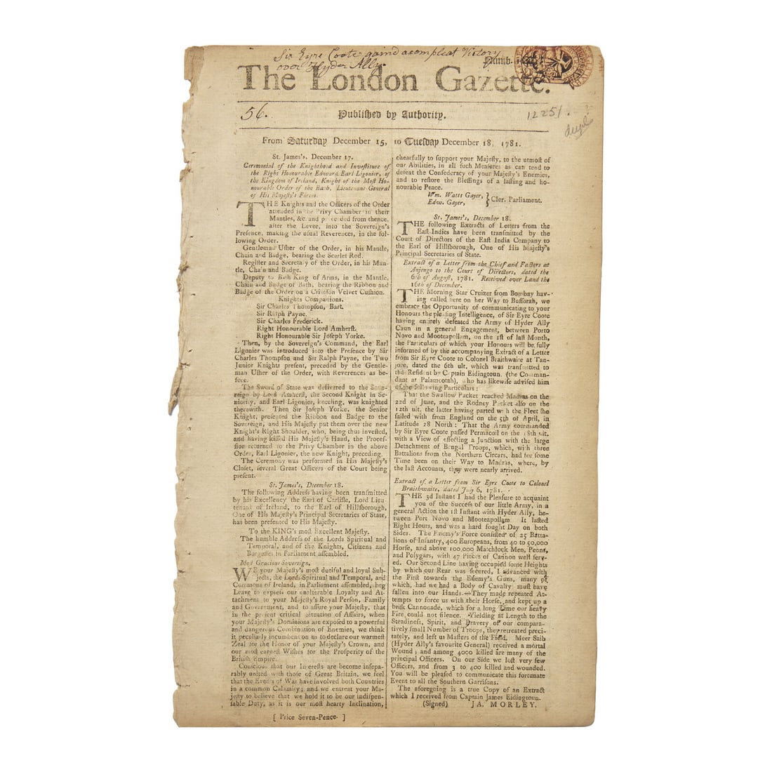 [American Revolution] The English Crown Reports Lord Cornwallis’s Surrender at Yorktown (1 of 3)