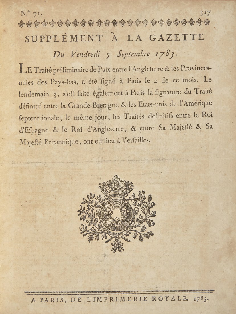 [American Revolution] Possibly the First Printed Announcement of the Definitive Treaty of Peace (1 of 2)