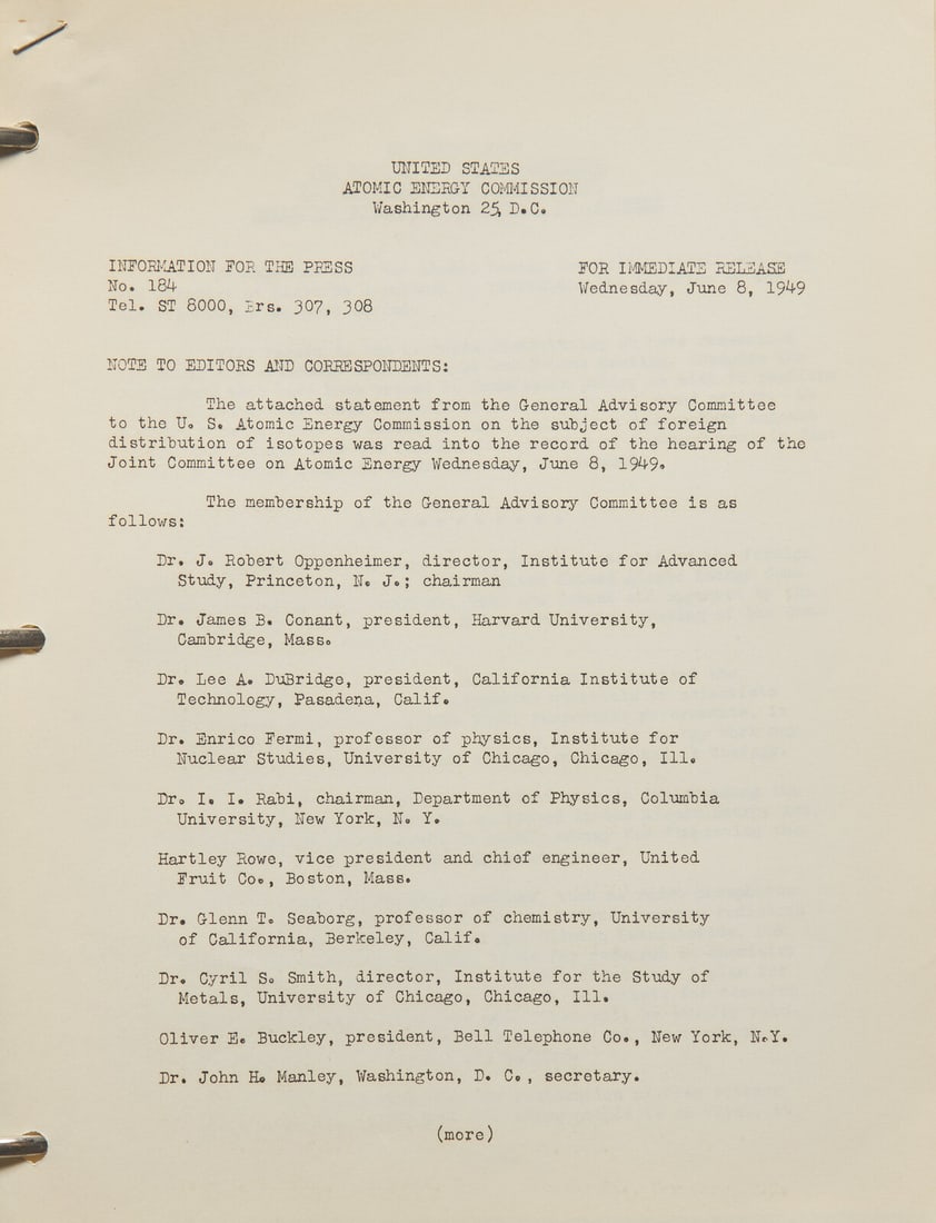 [Atomic Energy Commission] Collection of Press Releases and Reports, 1948-52 (1 of 3)
