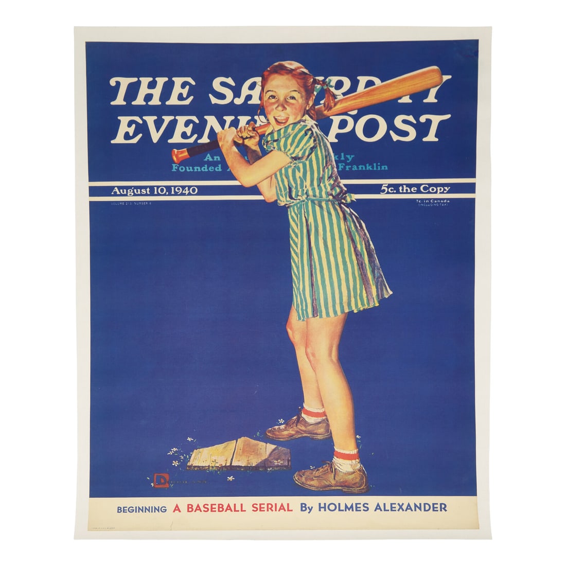 [Baseball] Poster of Douglass Crockwell's Iconic Up at Bat Image for the August 10, 1940 cover of: [Baseball] Poster of Douglass Crockwell's Iconic Up at Bat Image for the August 10, 1940 cover of The Saturday Evening Post No place, 1940. Off-set color lithographic poster. 27 5/8 x 21 3/8 in.. (702