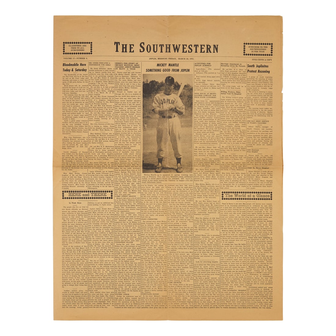 [Baseball] [Mantle, Mickey] Mickey Mantle's First Cover: The Earliest Front-Page Newspaper Image of (1 of 4)