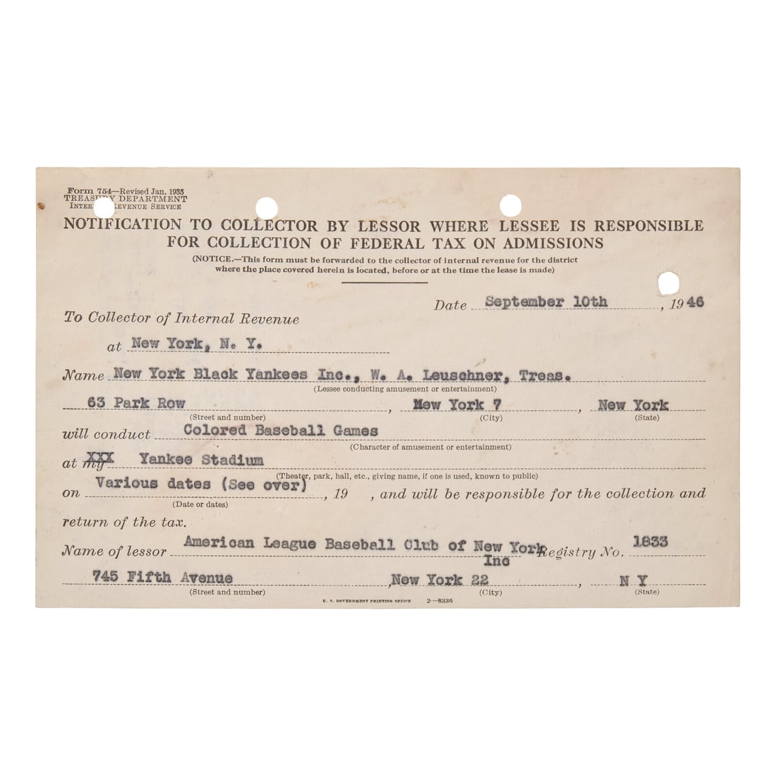 [Baseball] [Negro League] Partially-Printed Tax Document for the New York Black Yankees: [Baseball] [Negro League] Partially-Printed Tax Document for the New York Black Yankees New York, September 10, 1946. Single oblong sheet, 5 x 8 in. (127 x 203 mm). Partially-printed Internal Revenue 