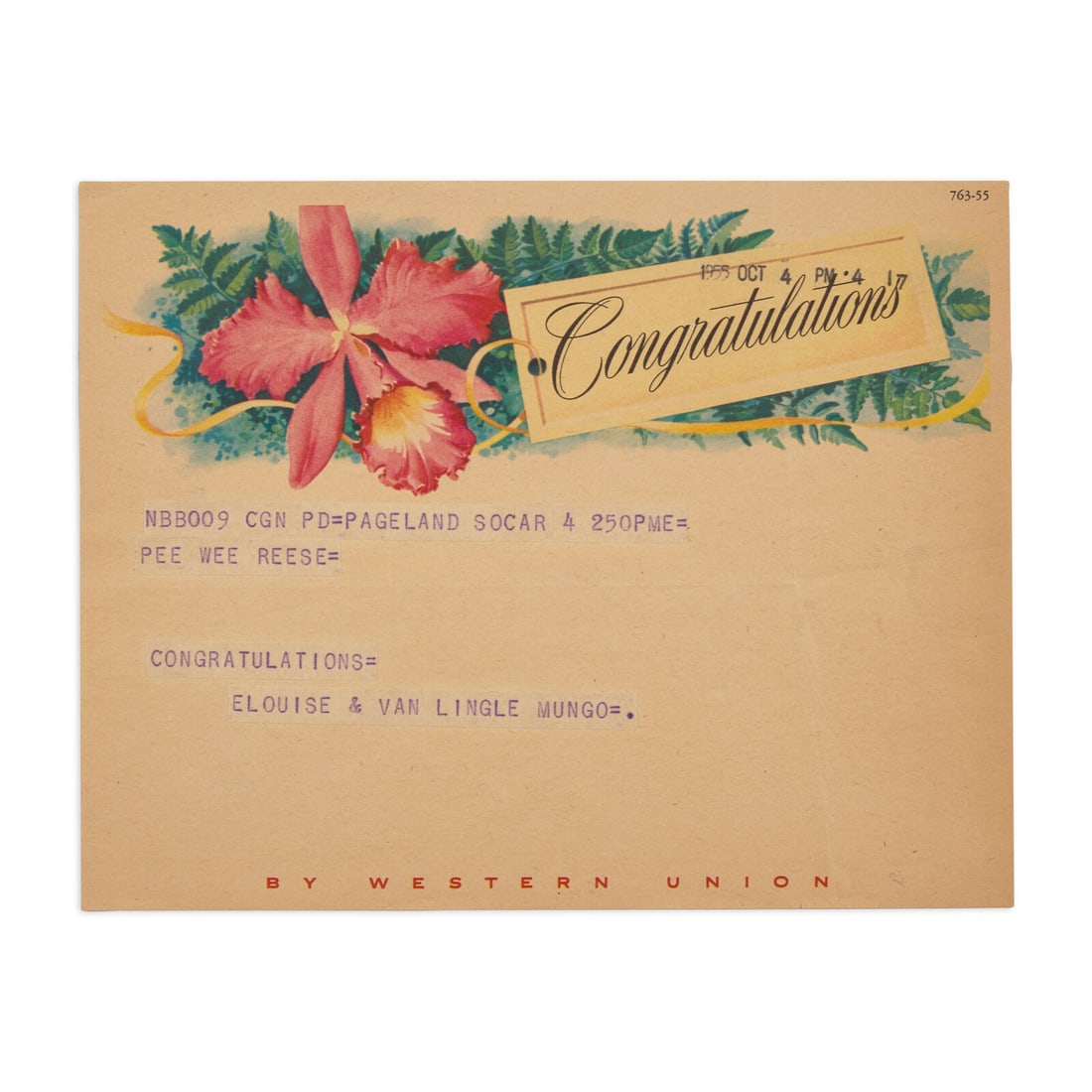 [Baseball] [Reese, Pee Wee] ?Telegram to Brooklyn Dodger Hall of Famer Pee Wee Reese Congratulating (1 of 1)