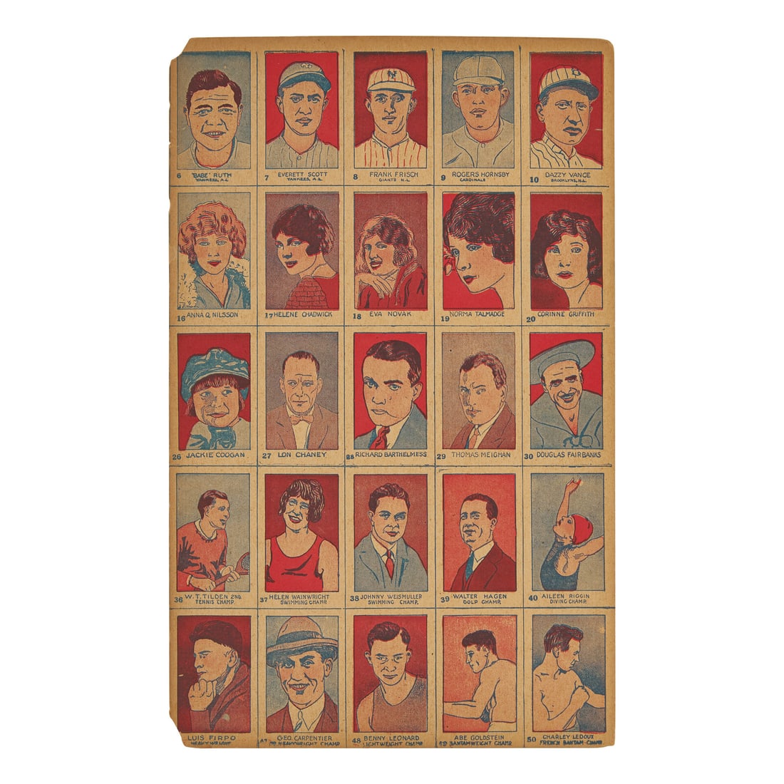 [Baseball] [Ruth, Babe] An Uncut Panel of 1926 W512 Strip Cards (1 of 1)