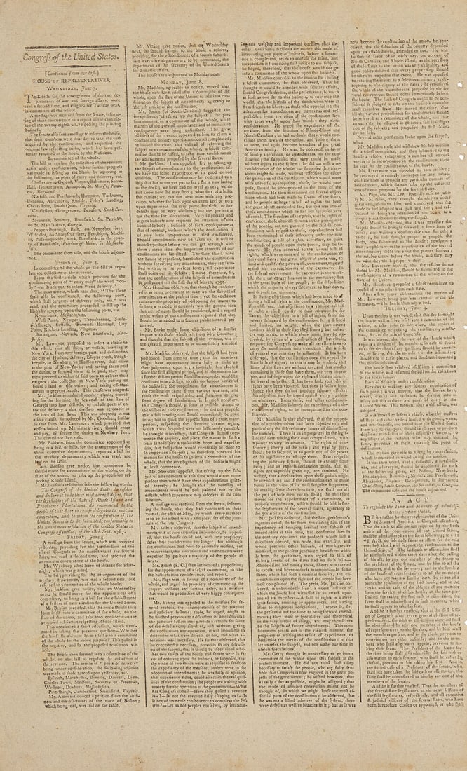 [Bill of Rights] Madison Proposes the Bill of Rights in a Local New York Newspaper (1 of 2)