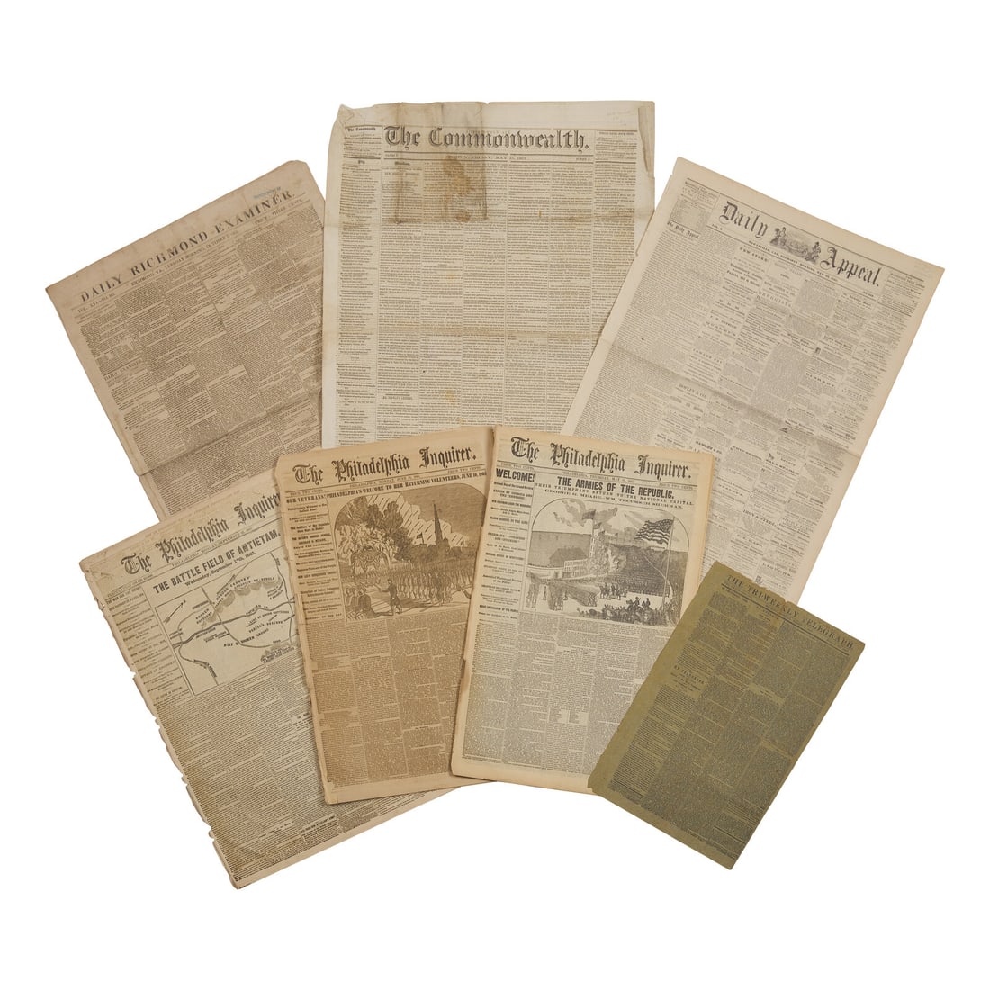 [Civil War] Group of 7 Newspapers with Important Content Related to the Battle of Antietam, a "Negro: [Civil War] Group of 7 Newspapers with Important Content Related to the Battle of Antietam, a "Negro Confederacy", the 54th Massachusetts Infantry, and more, 1861-65 1. Daily Appeal. Marysville, Calif