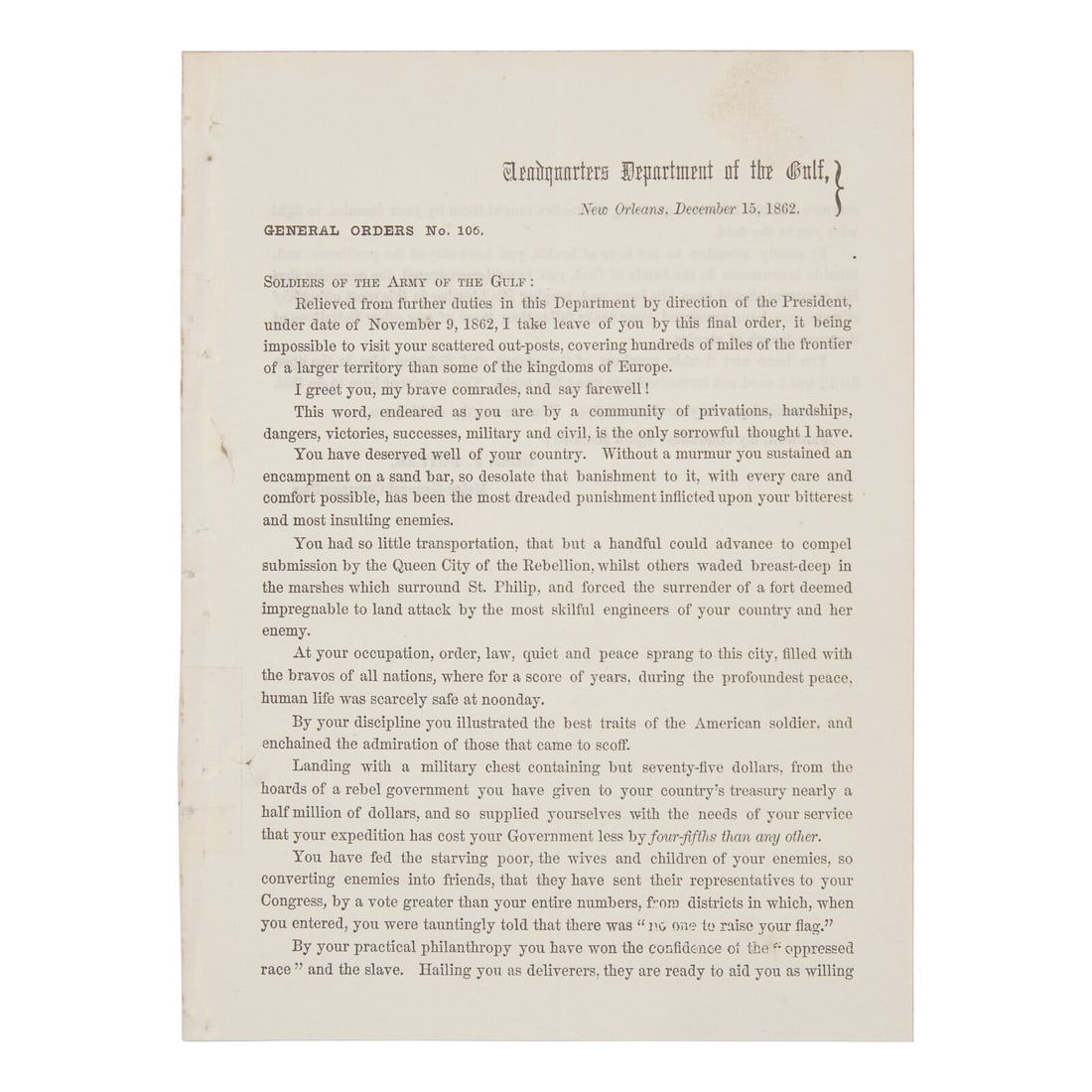 [Civil War] General Benjamin F. Butler's Farewell Address to the Army of the Gulf in New Orleans (1 of 1)
