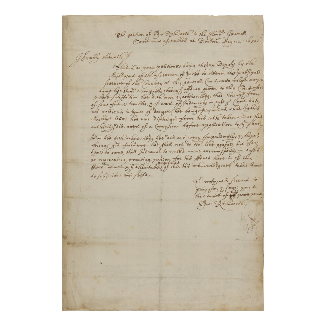 [Colonial America] Rishworth, Edward. Group of 3 Autograph Legal Documents, signed (1 of 4)