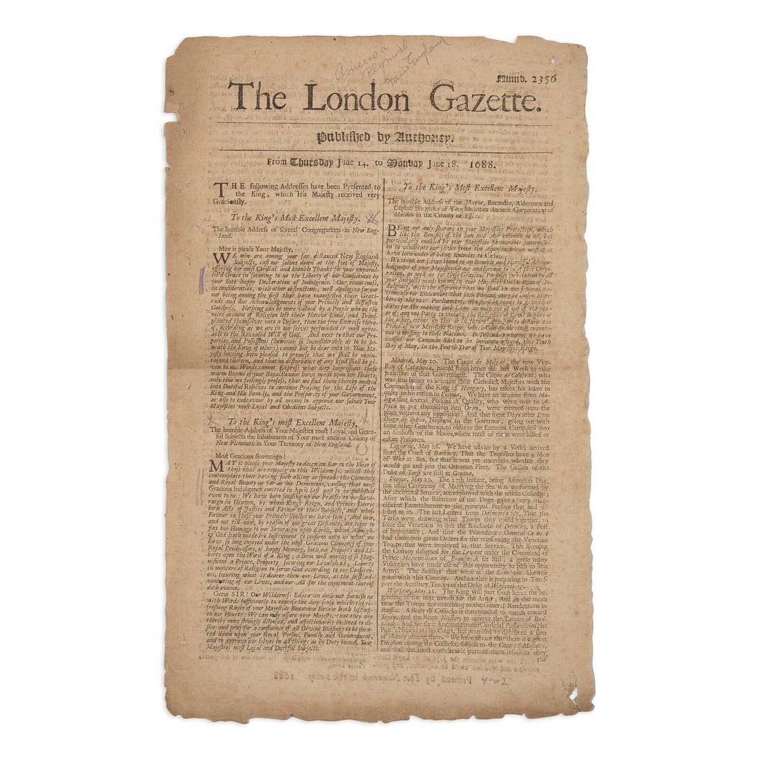 [Colonial America] A London Newspaper with Front-Page Addresses from Plymouth Colony (1 of 2)