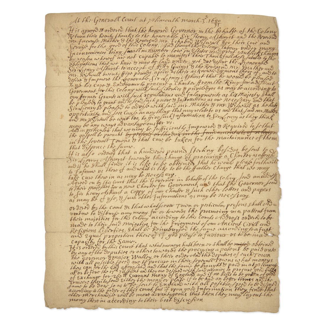 [Colonial America] Plymouth Colony Seeks a Royal Charter: A Rare and Important Plymouth Colony: [Colonial America] Plymouth Colony Seeks a Royal Charter: A Rare and Important Plymouth Colony Document ?Manuscript Document Plymouth, Massachusetts, March 3, 1690/91. Single sheet, 9 3/4 x 7 3/4 in. 