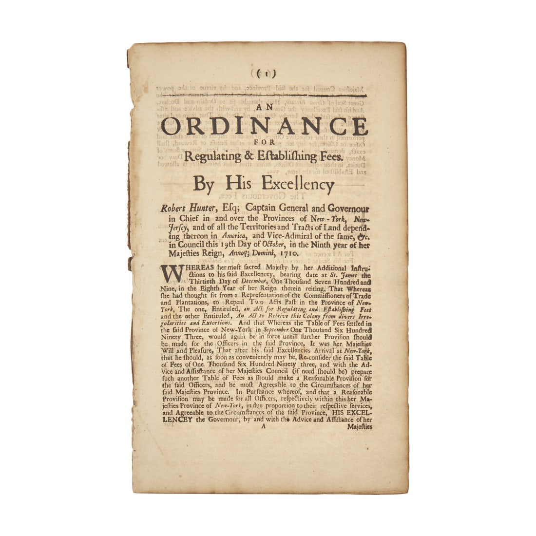 [Colonial America] [Hunter, Robert] A Scarce Summary of Legal Fees Present in the Colonies of New (1 of 1)