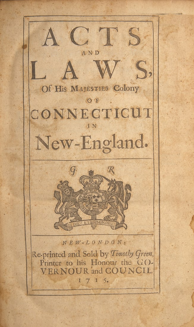 [Colonial America] One of the Earliest Works Printed in Connecticut: "Acts and Laws, Of His (1 of 2)