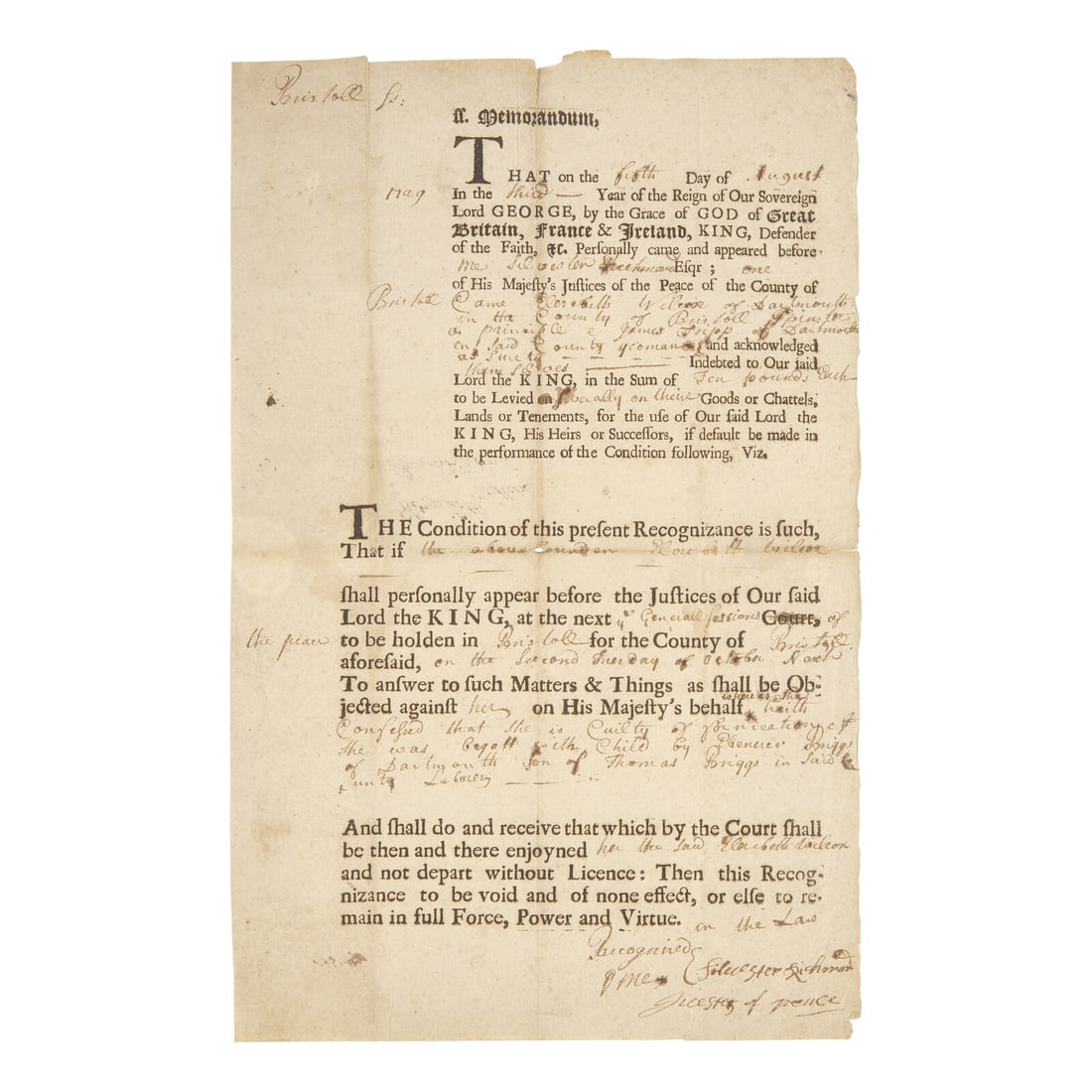 [Colonial America] Colonial Massachusetts Document Related to a Case of Fornication, Levied Against (1 of 1)