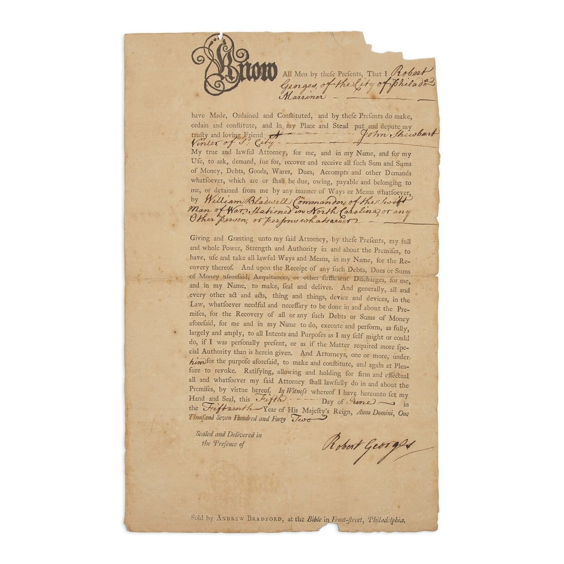 [Colonial America] An Andrew Bradford-Printed Power of Attorney, for a Suit Against William (1 of 1)