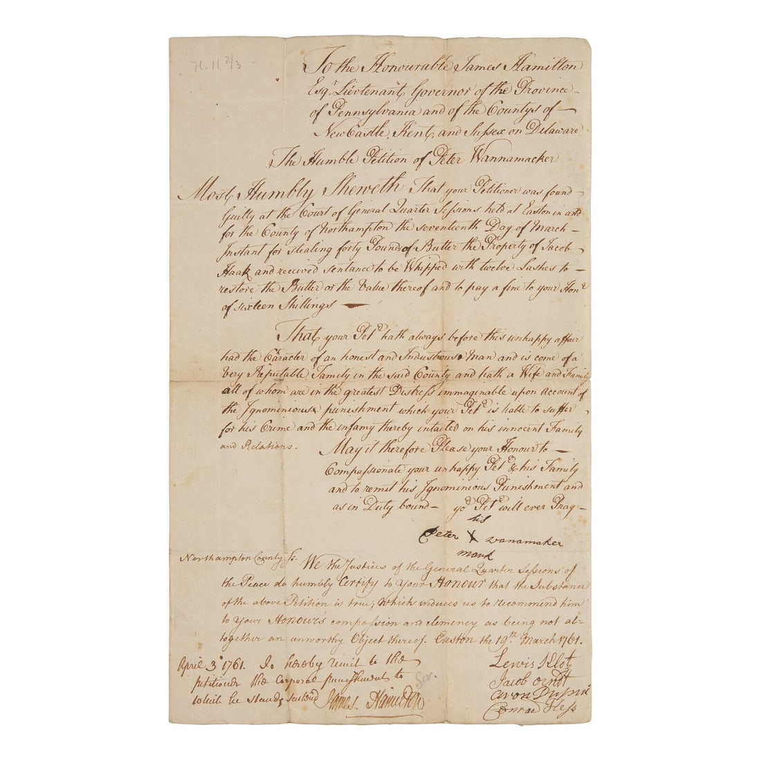 [Colonial America] Deputy Governor of Pennsylvania Province, James Hamilton, Grants Clemency to a (1 of 1)