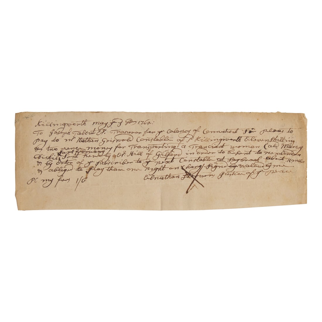 [Colonial America] Manuscript Pay Order for Transporting a Transient Woman to New London, (1 of 2)