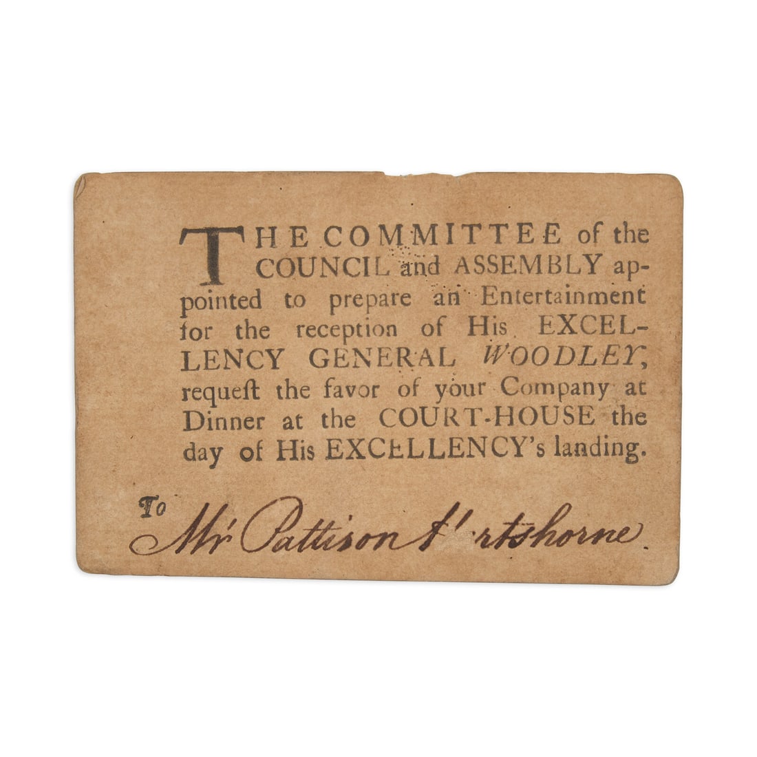 [Colonial Americana] Partially-Printed Invitation From the First Governor of the Leeward Islands, (1 of 1)