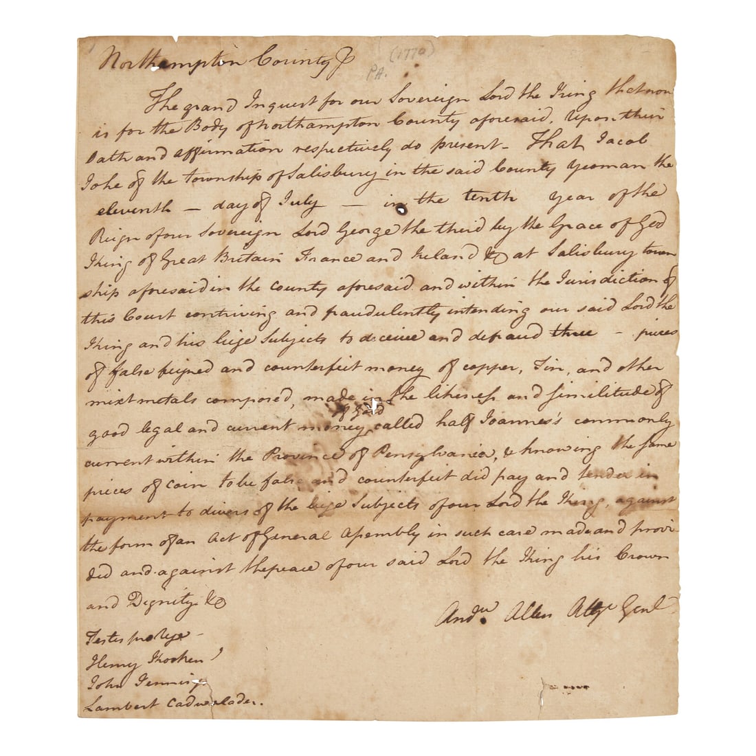 [Colonial America] Allen, Andrew. Autograph Legal Document Related to a Money Counterfeiter (1 of 2)