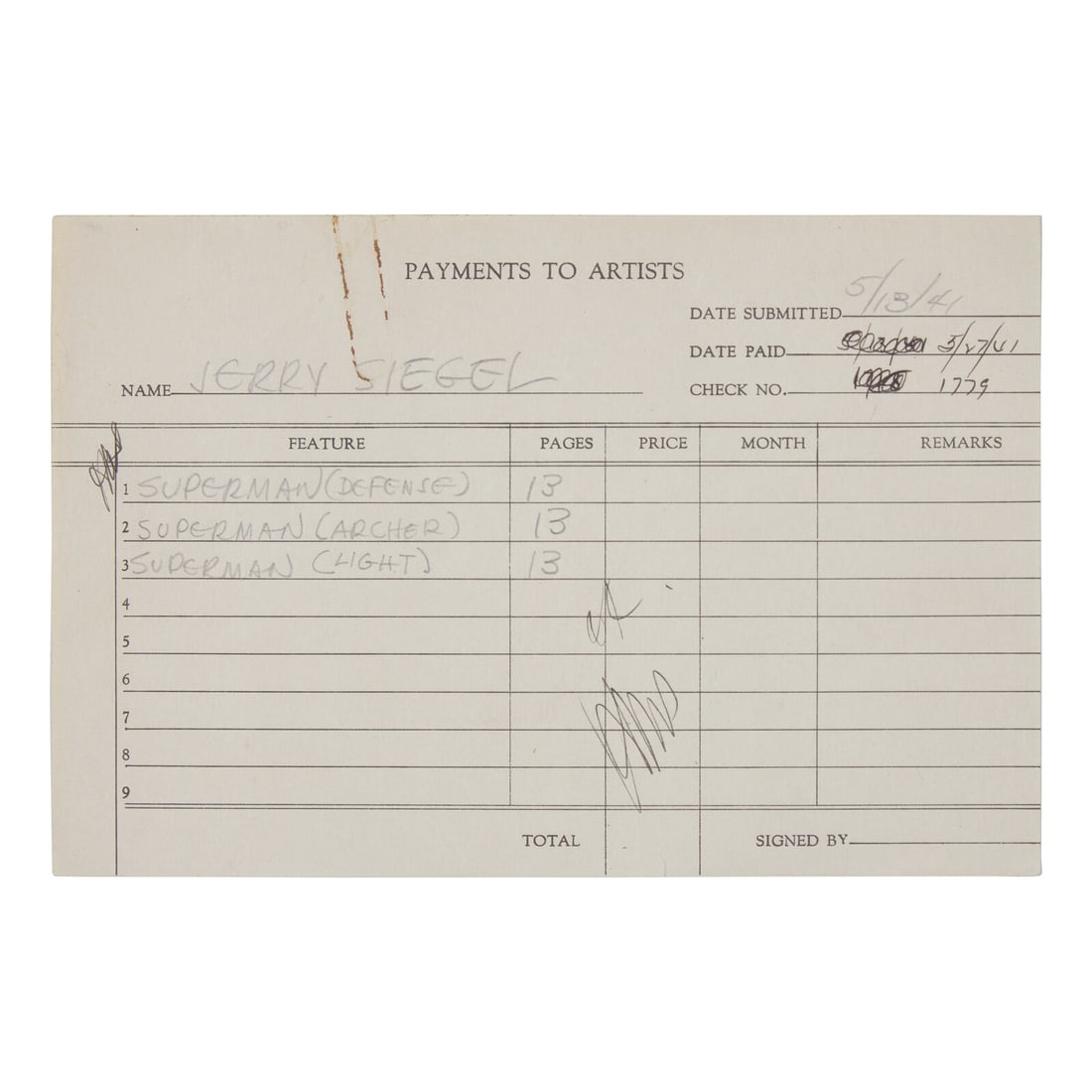 [Comics] A Payment Receipt for American Comic Book Writer Jerry Siegel for the Creation of Three: [Comics] A Payment Receipt for American Comic Book Writer Jerry Siegel for the Creation of Three Issues of Superman Partially-Printed Payment Receipt ?No place, May 1941. Single oblong sheet, 4 7/8 x 
