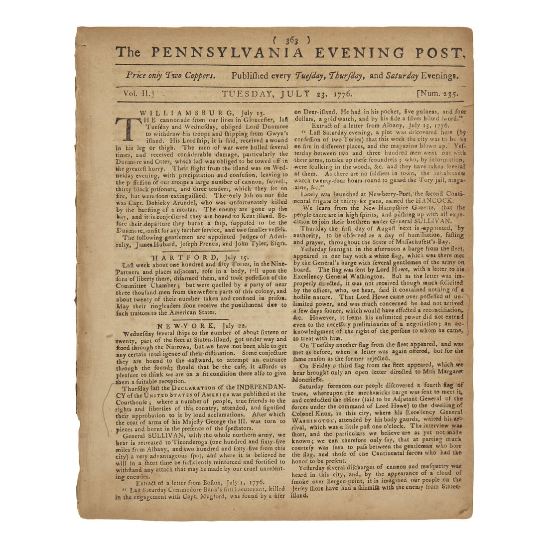 [Declaration of Independence] Rare Issue of the Pennsylvania Evening Post Reporting the Second (1 of 1)